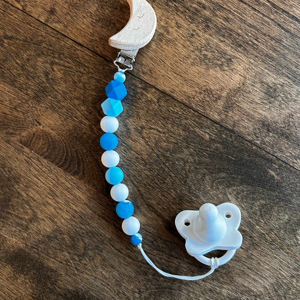 Blue and White Moon Pacifier Clip